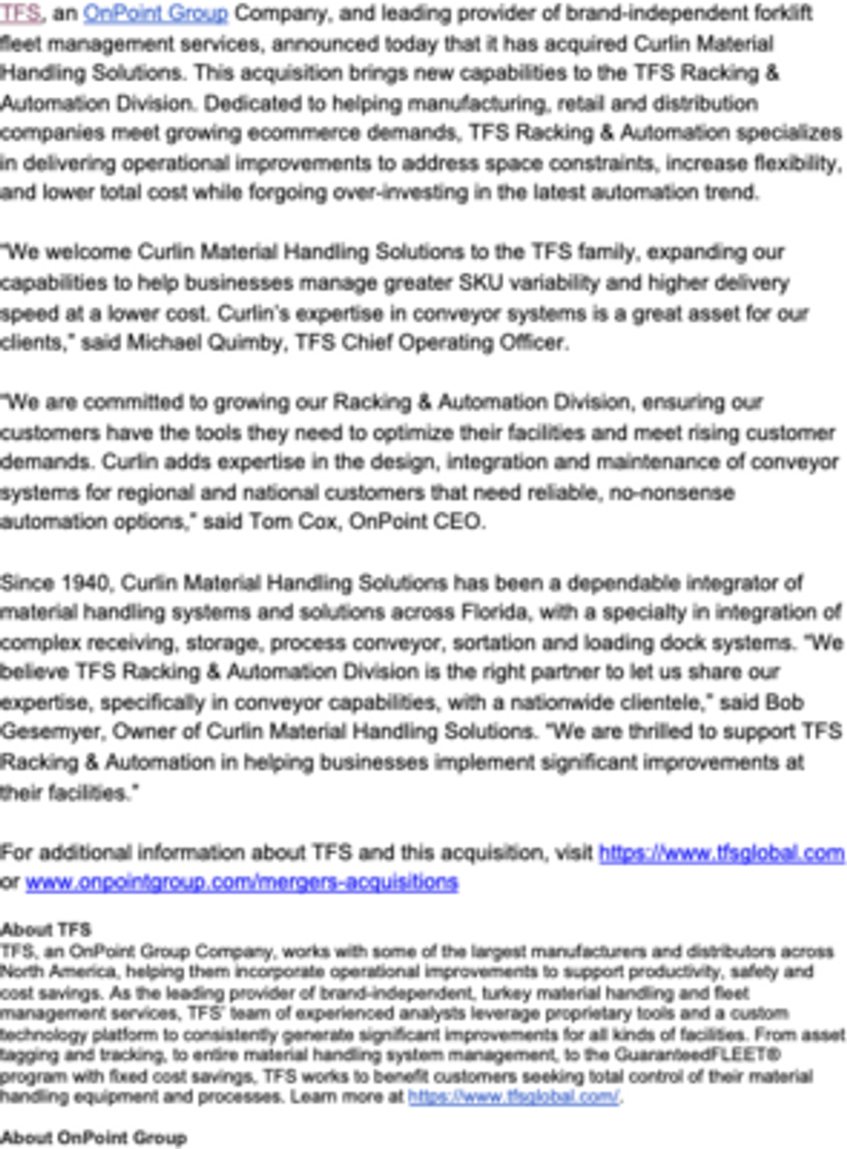 TFS, an OnPoint Group Company, Acquires Curlin Material Handling Solutions